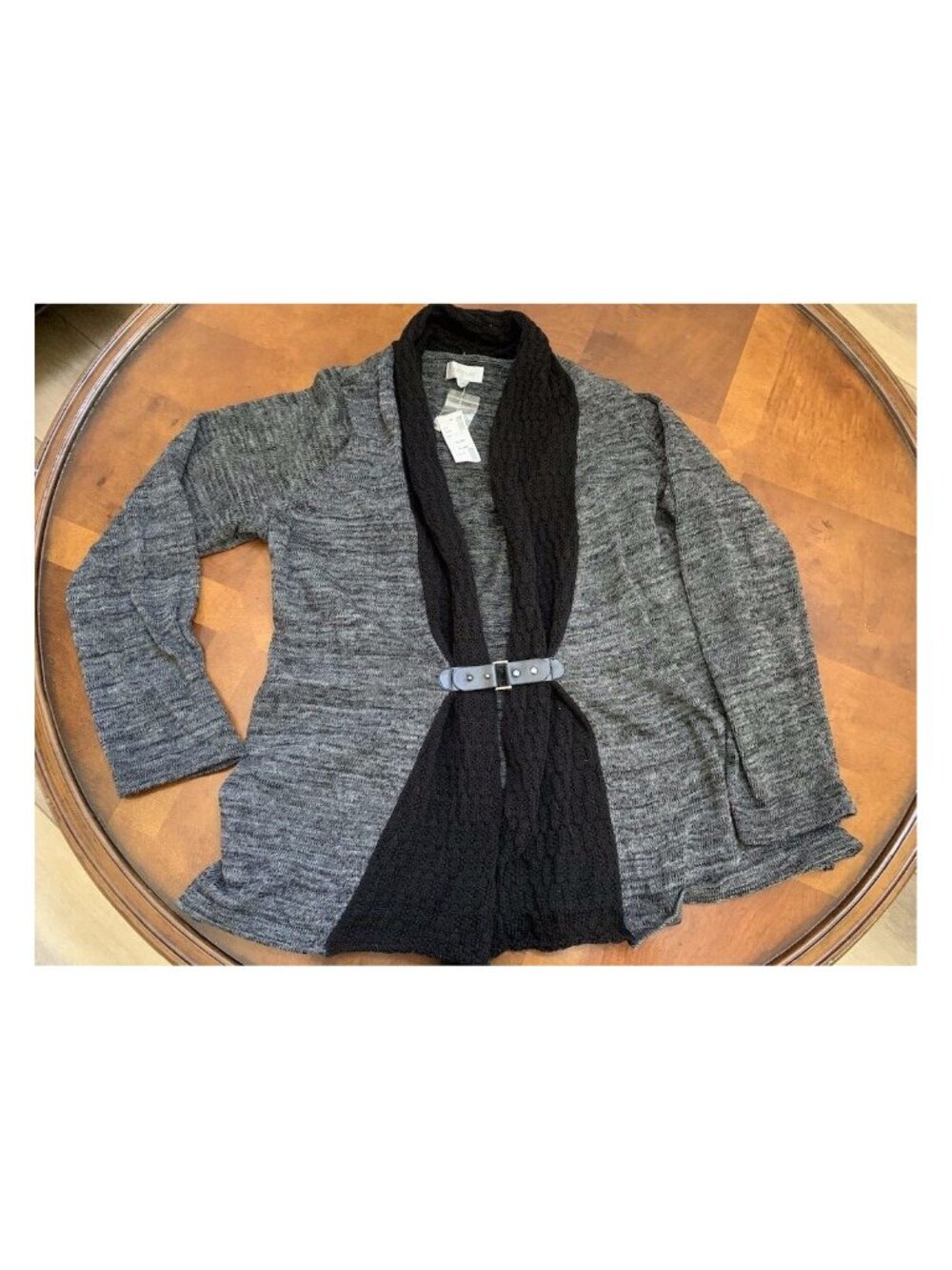 Avenue Women's 8642 Black Grey Knit Cardigan Jacket Scarf Leather Plus Gray 1X